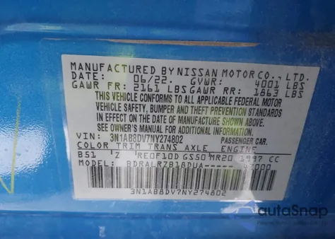 2022 Nissan Sentra Sr Xtronic Cvt from USA, damaged, VIN 3N1AB8DV7NY274802